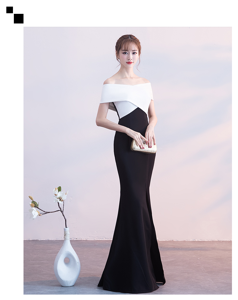 ชุดราตรียาวแบบไหล่ปาดสีทูโทน ทรงเข้ารูป แบบเก๋ (ซิปหลัง)