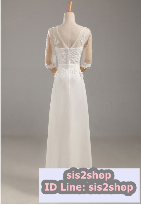 พร้อมส่ง ชุดราตรียาว สีขาว แขนยาว แบบเรียบหรู แต่งลูกไม้เซาะดอก ปักลูกปัดมุก