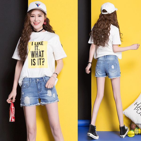 กางเกงยีนส์ขาสั้นแนวเซอร์ แต่งแถบอักษรด้านข้าง (11788X)