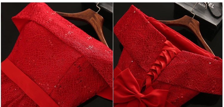 Pre-order ชุดราตรีสั้น แบบไหล่ปาด ผ้าลูกไม้ ปัดเลื่อม กระโปรงสั้น พร้อมโบว์ เชือกผูกหลัง