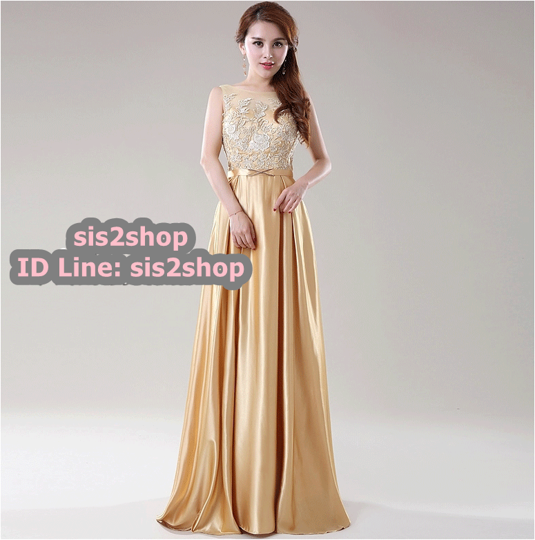 พร้อมส่ง ชุดราตรียาว สีทอง ปักลูกไม้ ด้านหลังเป็นแบบซีทรู กระโปรงผ้าซาติน