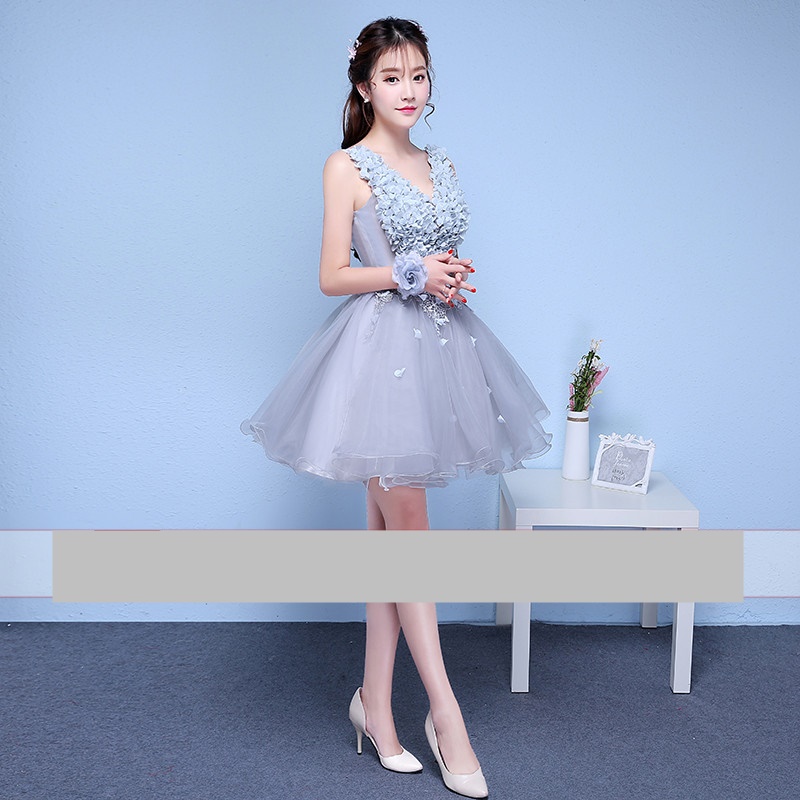 Pre-orderชุดแฟนซีชุดราตรีสั้นแขนกุดแต่งดอกไม้ช่วงอกกระโปรงผ้าแก้วสไตล์เจ้าหญิง