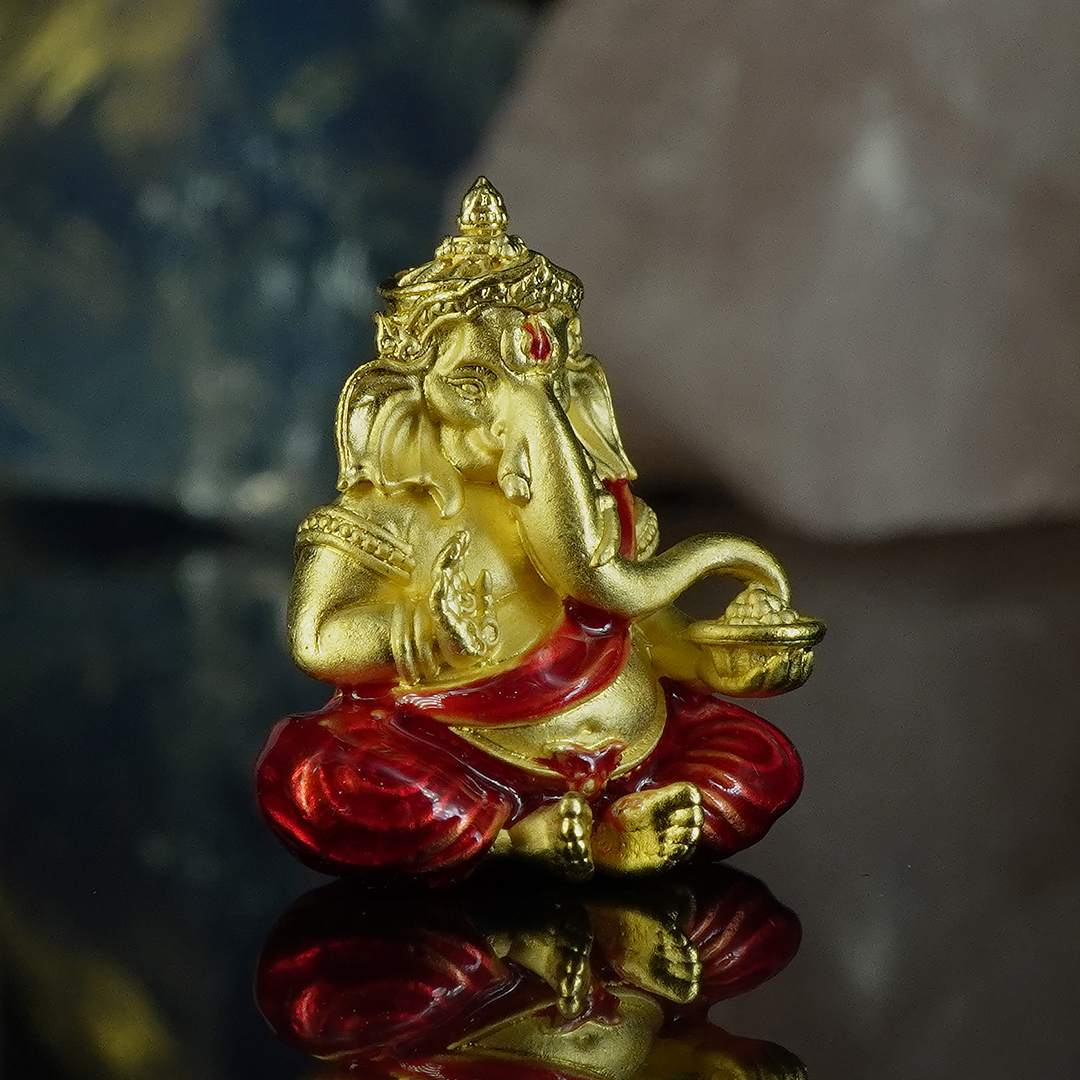 พระพิฆเนศ คณปตินิพลปรฺทา รหัส 1 เนื้อสัมฤทธิ์ชุบทองลงยาแดง