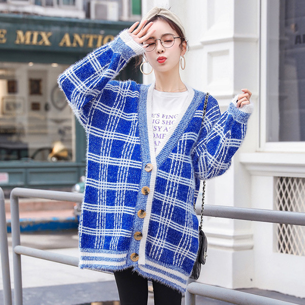 Premium Cardigan เสื้อคลุมไหมพรมขนนุ่ม คอวี ถักลายตาราง (12276B)