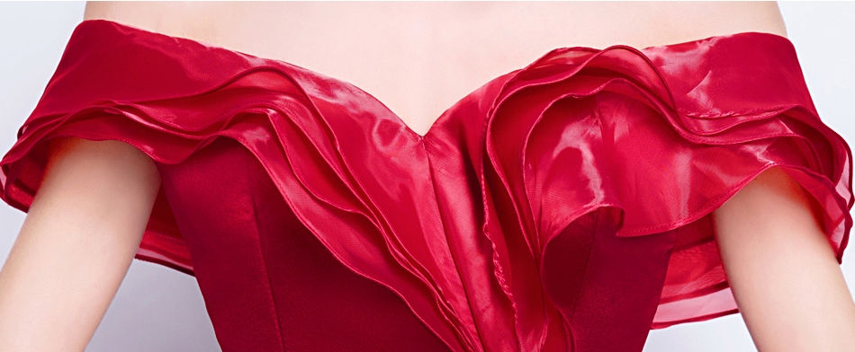 Pre-order ชุดแฟนซี ชุดเจ้าสาว ชุดราตรียาว สีไวน์แดง ไหล่ปาด จับเดรปช่วงอก กระโปรงทรงหางปลา เชือกผูกหลัง