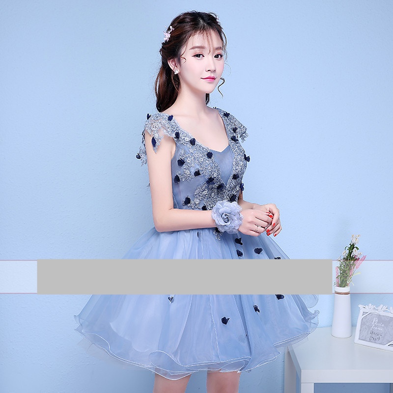 Pre-orderชุดแฟนซีชุดราตรีสั้นระบายแขนกระโปรงพองสวยเชือกผูกหลัง