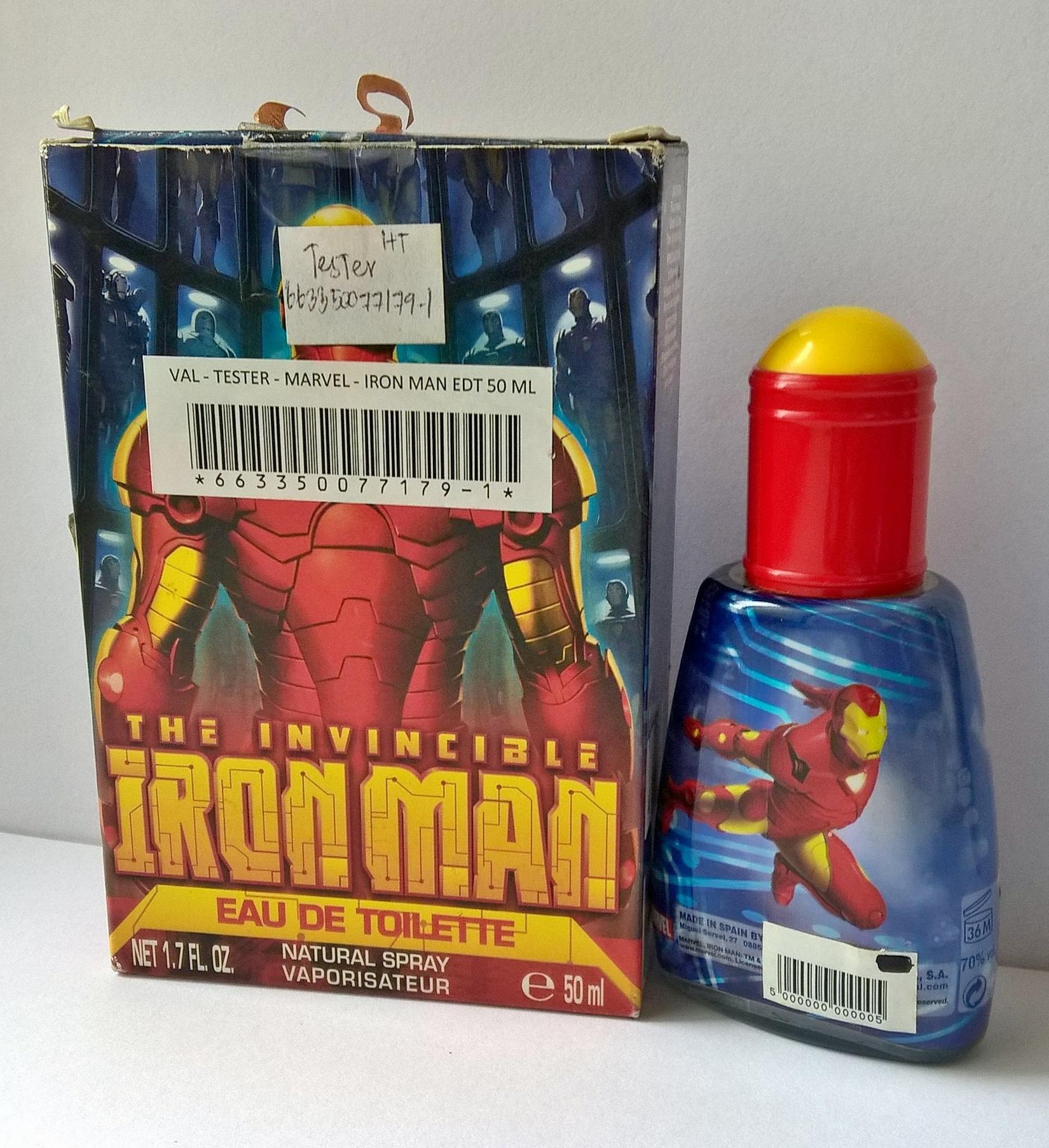 ขายของสะสมขวดน้ำหอม edt ขวดไออ้อนแมน IRON MAN ขวดแก้ว เป็นพลาสลิกพิมพ์ลายหุ้มขวด ฝาทรงสูงสีแดงครอบไว้เฉยๆ กดคลิกไม่ได้ มีกล่องตามภาพ