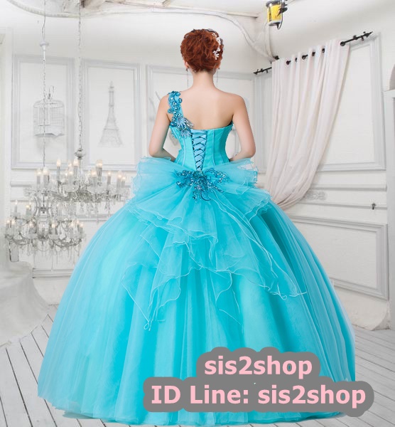 พร้อมเช่า ชุดแฟนซี ชุดราตรี สีฟ้า เกาะอก ไหล่เดียว เชือกผูกหลัง