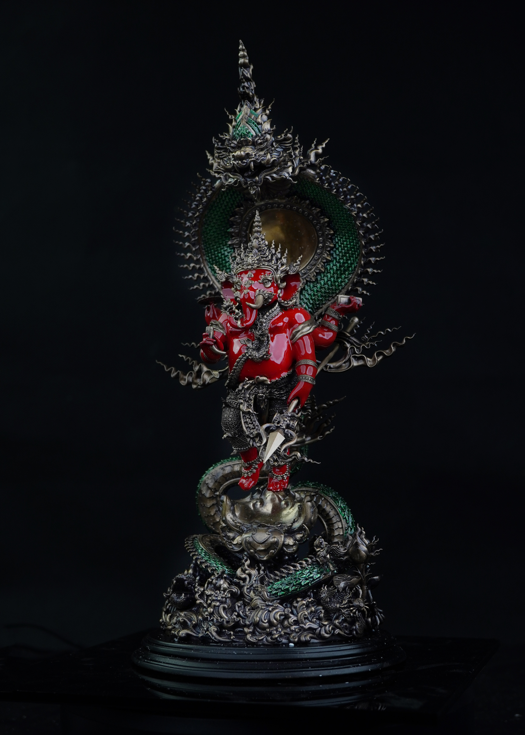 🕉️ พระพิฆเนศ รุ่น มหาปรมาตมันคณปติ เนื้อบรอนซ์นอก Duotone พระคเณศลงสีเซรามิคแดง นาคลงสีเซรามิคเขียว ความสูง 30 ซม.