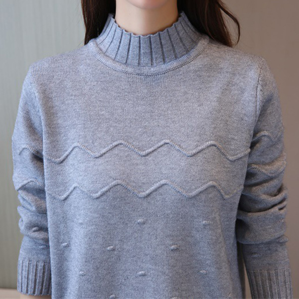 เสื้อสเวตเตอร์ไหมพรมคอเต่าตัวยาว ผ้าหนานุ่มถักลายนูน (12167B)