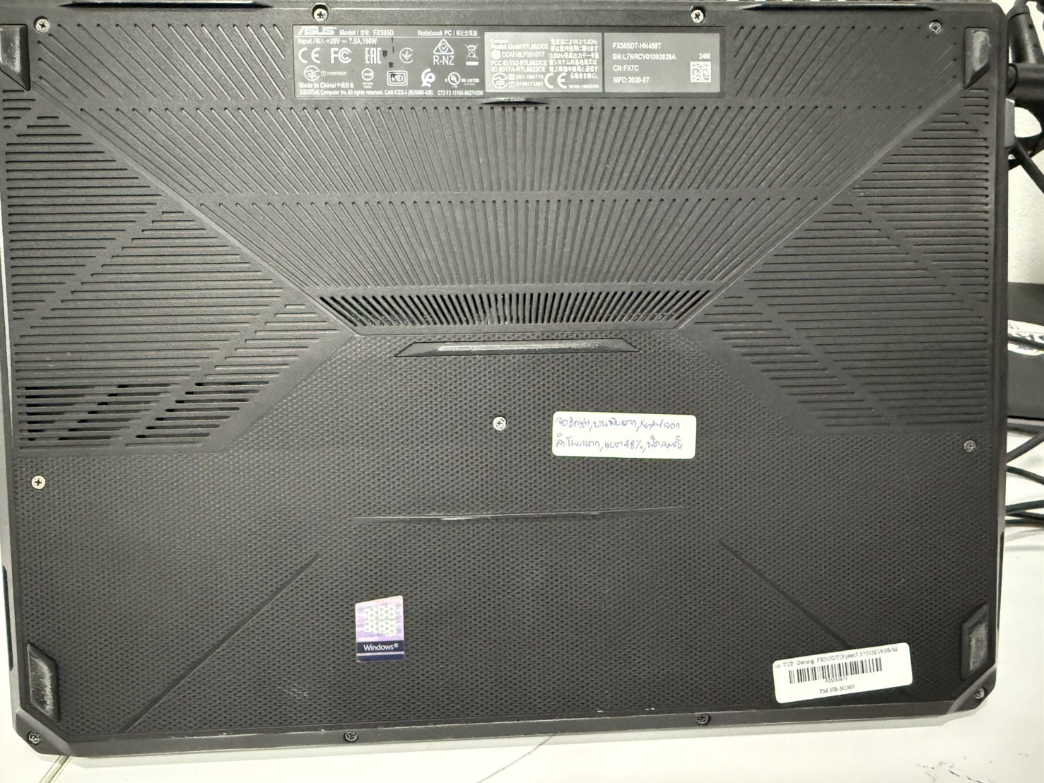 Notebook Asus TUF Gaming FX505DT(Ryzen7 3750H/16GB/M.2 512GB/GTX1650 4GB)+Adapter จอ Bright บานพับแตก Keyborad ลอก ลำโพงแตก แบต 48% พัดลมดัง