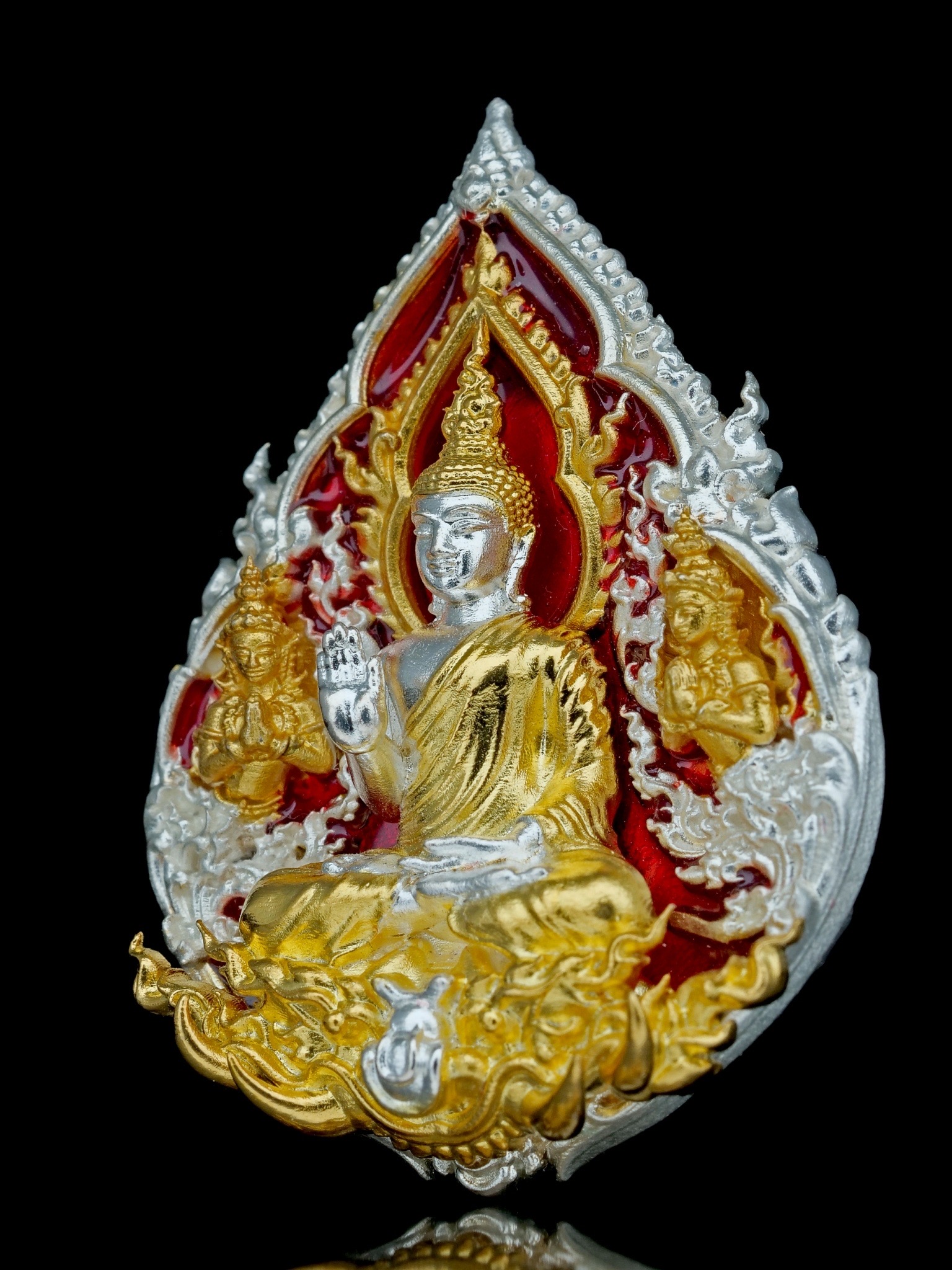 พระพุทธประทานพร รุ่น พุทธบารมี รหัส3 เนื้อบรอนซ์ชุบเงินชุบทอง ลงยาแดง องค์ชุบ2K