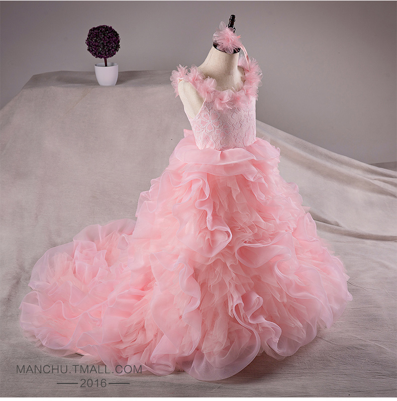 Pre-order ชุดราตรีเด็ก ชุดออกงาน ชุดกระโปรง สไตล์เจ้าหญิง แขนกุด คอกลม ผ้าลูกไม้ แต่งดอก กระโปรงผ้าแก้วเป็นชั้น ๆ แต่งโบว์ด้านหลัง ซิปหลัง