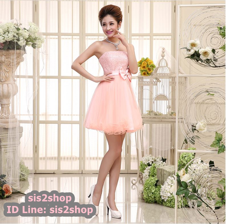 พร้อมส่ง ชุดราตรีสั้น เกาะอก สีโอรส กระโปรงตาข่ายสวย สายผูกด้านหลัง **เหลือเฉพาะไซส์ XL **