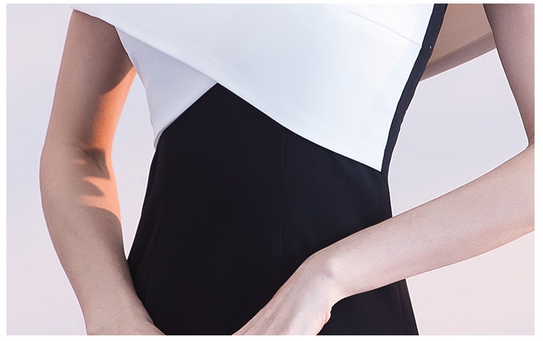 ชุดราตรียาวแบบไหล่ปาดสีทูโทน ทรงเข้ารูป แบบเก๋ (ซิปหลัง)