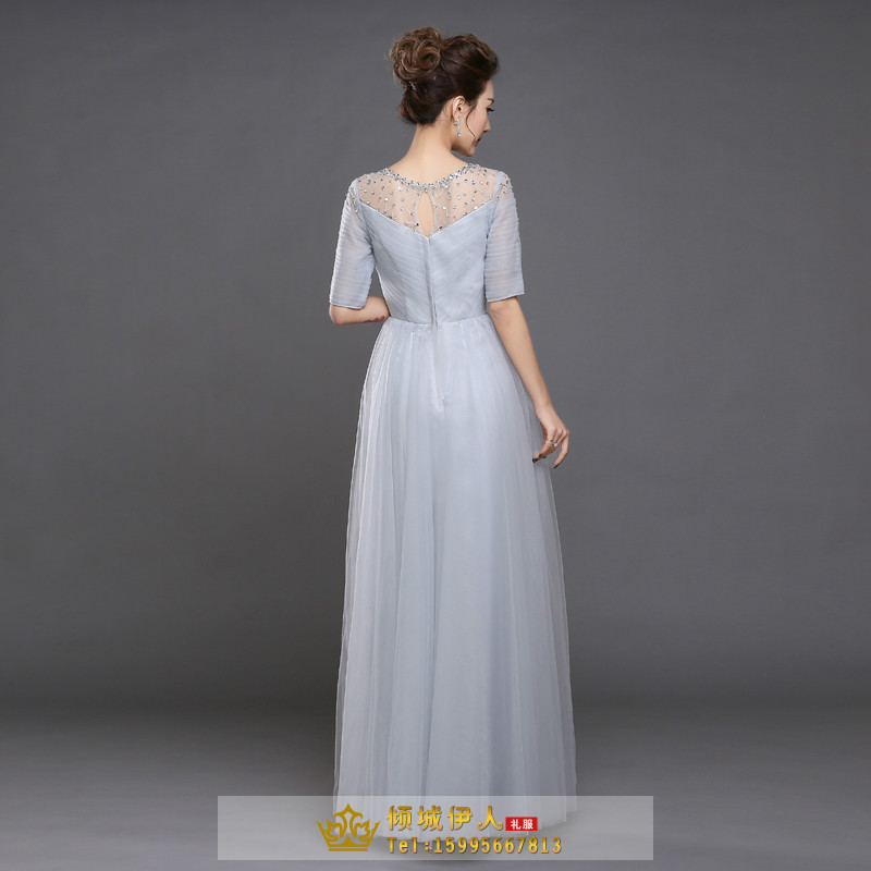 Pro-order ชุดราตรียาว แขนสั้น คอกลม ผ้าตาข่าย ปักเลื่อม จับจีบ ซิปหลัง ไซส์ใหญ่ XS-5XL