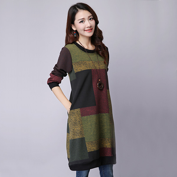 เดรสทรงปล่อยแฟชั่นวินเทจ แขนยาว แต่งกระเป๋าคู่ (11739M)