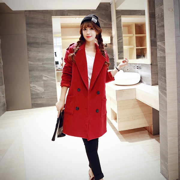 เสื้อโค้ทกันหนาวตัวยาว ผ้าวูลเนื้อหนาแต่งกระดุมคู่ (11730CV)