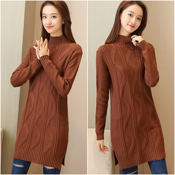 เดรสคอเต่ากันหนาว ไหมพรมวูลหนานุ่มถักลาย (12067B)