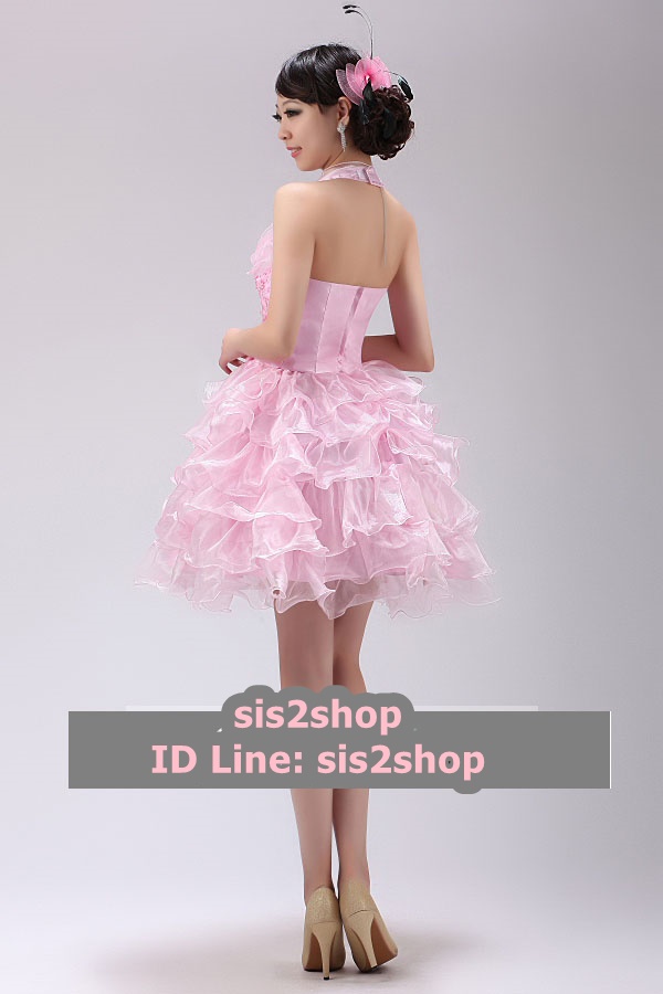 พร้อมเช่า ชุดแฟนซี ชุดราตรีสั้น สีชมพูอ่อน คล้องคอ กระโปรงระบาย ทรงฟูสวย