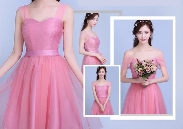 พร้อมส่ง ชุดราตรีสั้น เพื่อนเจ้าสาว กระโปรงตาข่าย สีชมพูกลีบบัว ใส่เป็นแบบแขนกุด หรือ ปิดไหล่ก็ได้ (จับสม๊อกด้านหลัง)