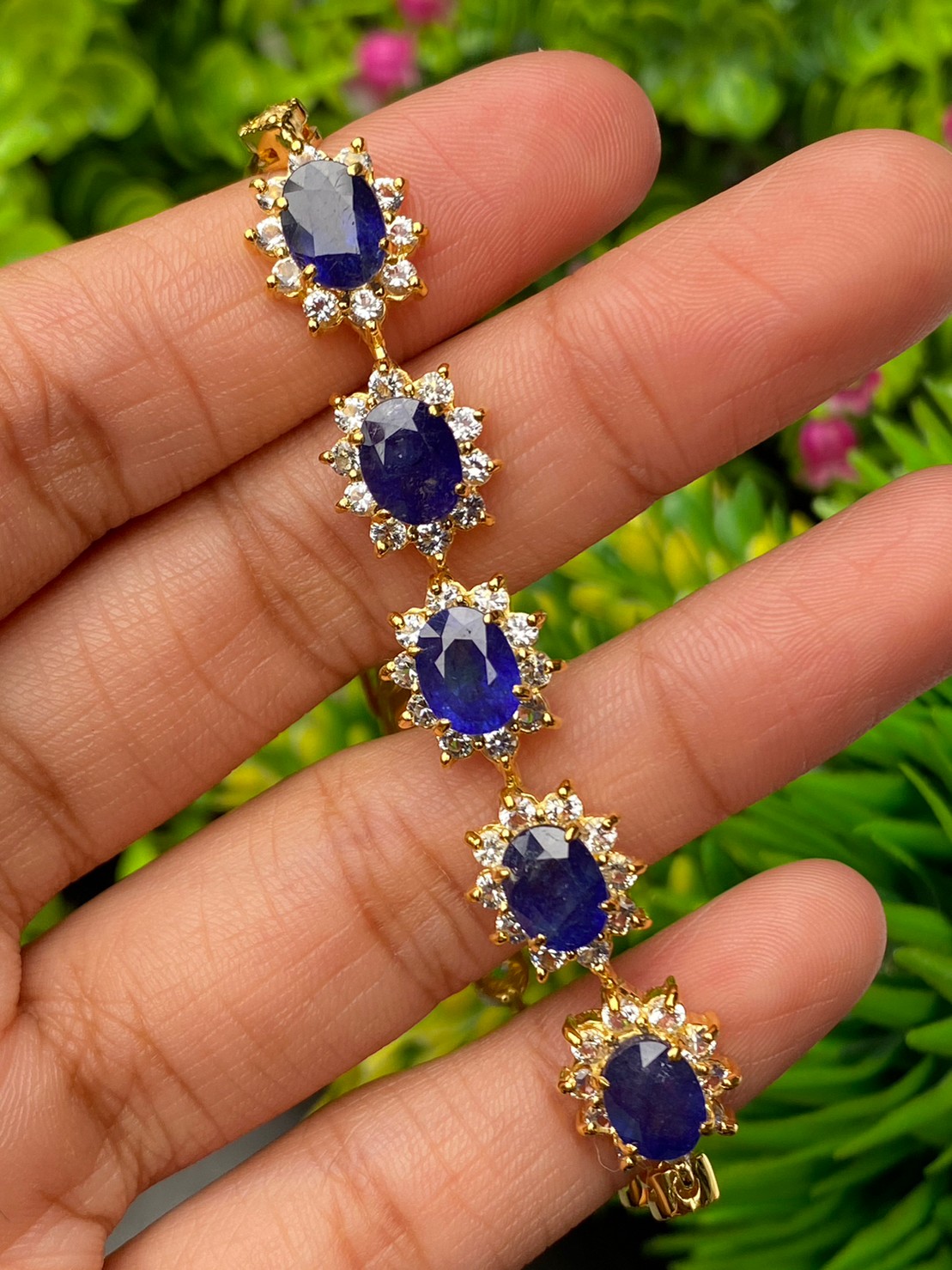 สร้อยข้อมือ พลอยแท้ ไพลิน Blue Sapphire Bracelet 14 กะรัต 5 เม็ด พลอยแท้ อัญมณีมงคลประจําวันเกิด เครื่องประดับพลอย