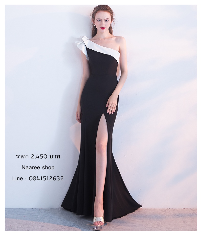 ชุดราตรียาวไหล่เดียว แต่งระบาย สีดำ ทรงเข้ารูป แบบเก๋ (ซิปหลัง)