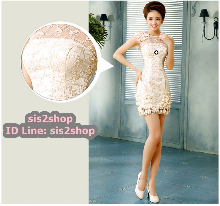 พร้อมส่ง ชุดราตรีสั้น สีครีม Champagne สวยหวาน แต่งลูกไม้หรู กระดุมหลัง