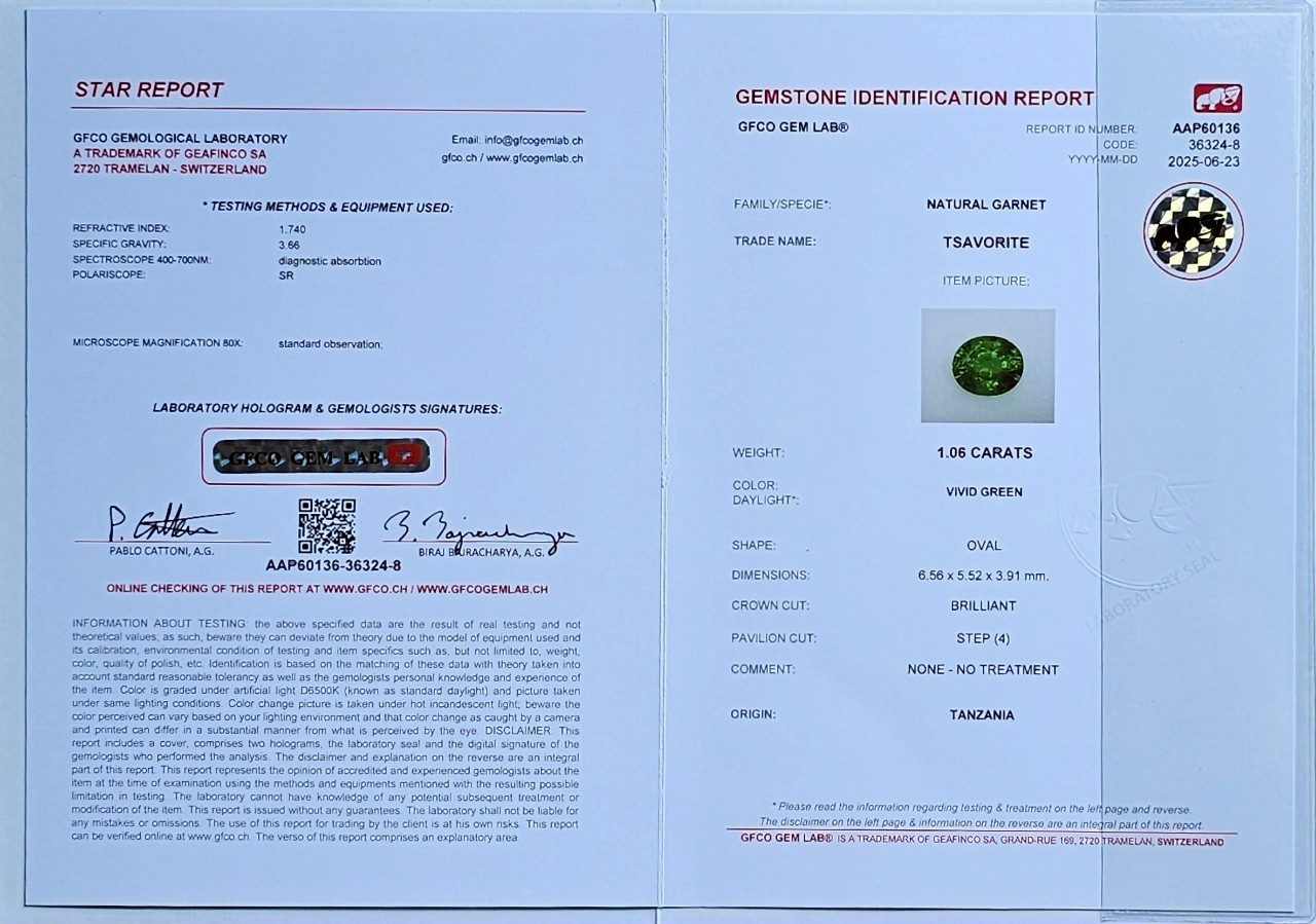 พลอย ซาโวไรท์ Tsavorite Garnet 1.06 กะรัต (Cts.) ดิบ Unheated พร้อมใบเซอร์ อัญมณีมงคลประจําวันเกิด เครื่องประดับพลอย