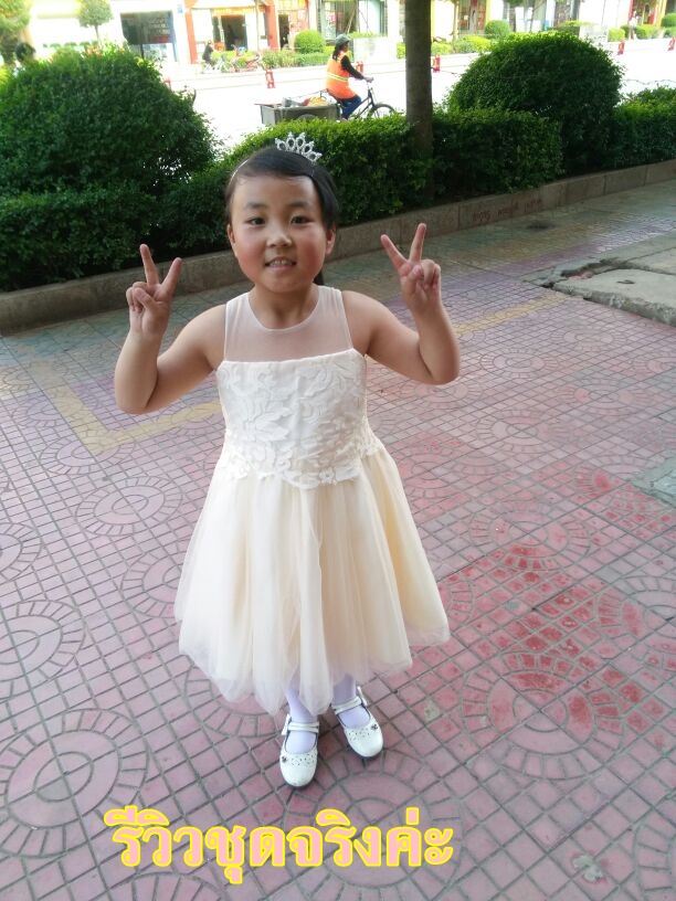 Pre-order ชุดราตรีเด็ก ชุดออกงาน ชุดกระโปรง สไตล์เจ้าหญิง แขนกุด คอกลม ผ้าลูกไม้ กระโปรงตาข่าย แต่งโบว์ด้านหลัง มีซิป