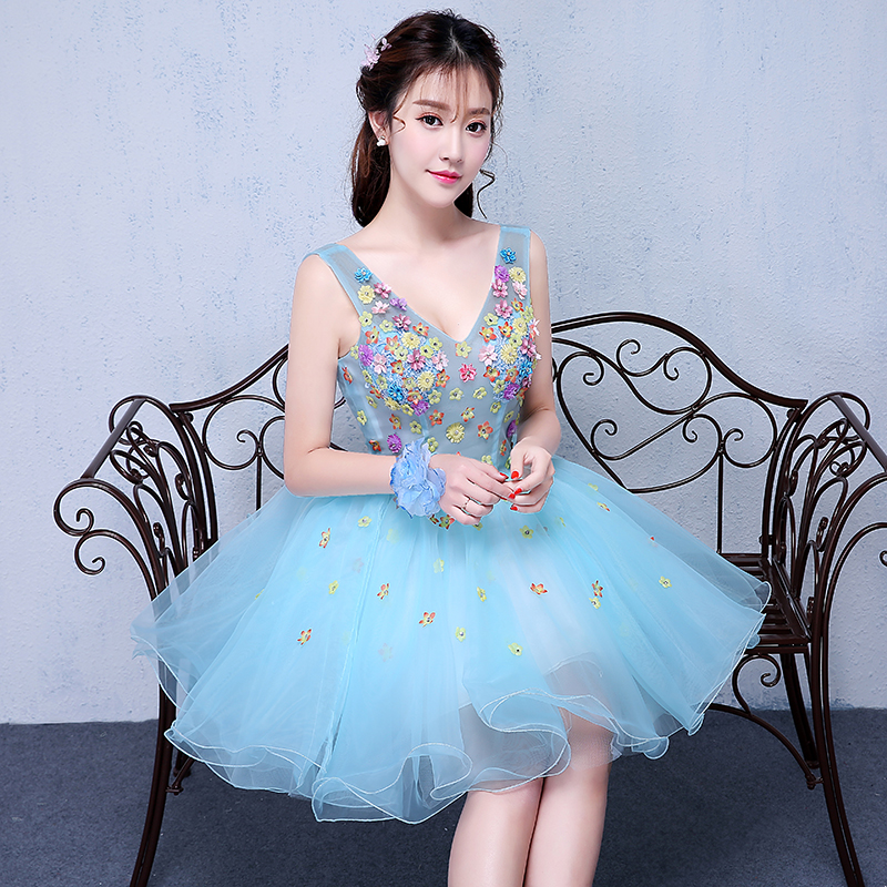 Pre-orderชุดแฟนซีชุดราตรีสั้นเกาะอกกระโปรงผ้าแก้วแต่งดอกไม้สไตล์เจ้าหญิง