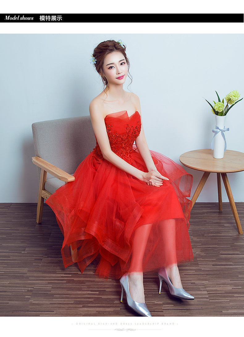 Pre-order ชุดราตรียาว เกาะอก จับเดรป สีแดง กระโปรงตาข่าย อกแต่ง ลูกไม้ ปักเลื่อม เชือกผูกหลัง