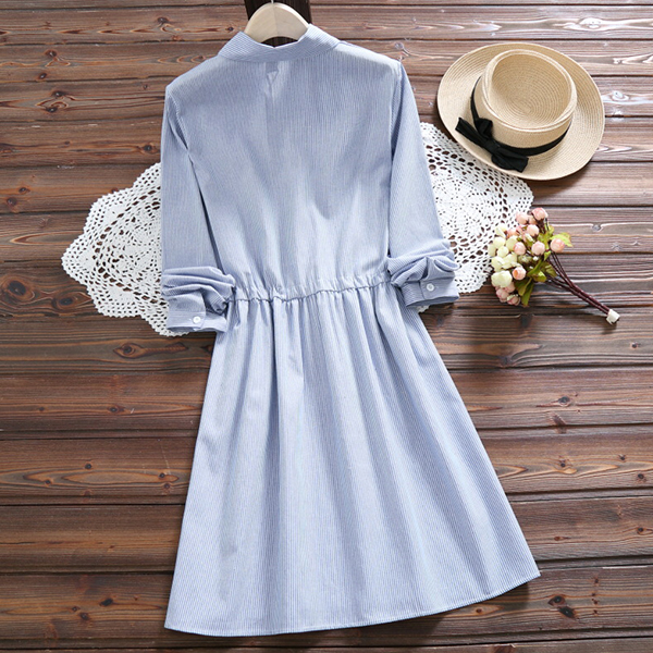 เดรสเชิ้ตแขนยาว เอวผูกจั๊ม ปักลายแมวน่ารัก (12296LM)