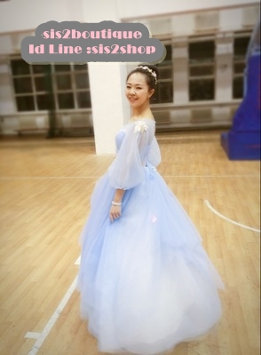 Pre-order ชุดแฟนซี ชุดเจ้าสาว ชุดราตรียาว สีฟ้า แขนโคมไฟ กระโปรงพองสวย เชือกผูกหลัง