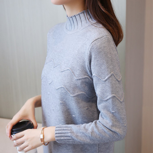 เสื้อสเวตเตอร์ไหมพรมคอเต่าตัวยาว ผ้าหนานุ่มถักลายนูน (12167B)