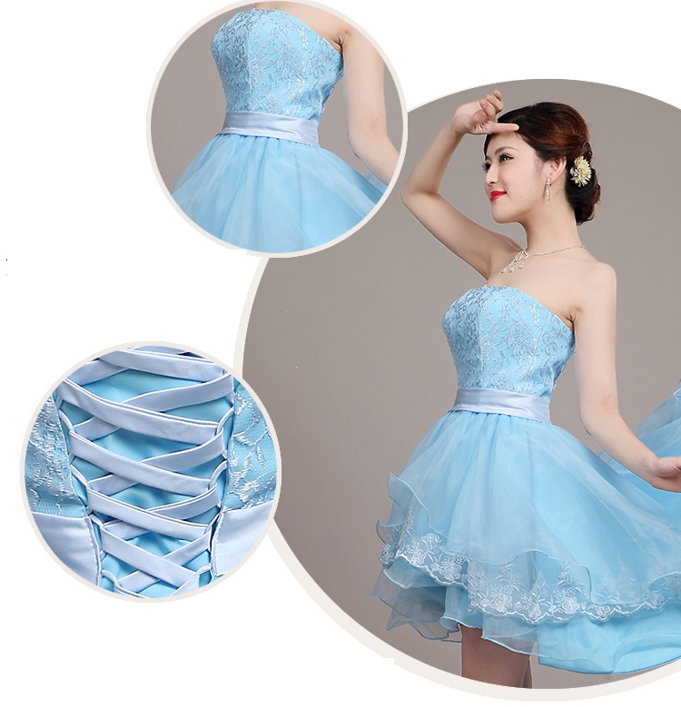 พร้อมส่ง ชุดราตรีสั้น เกาะอก แต่งลูกไม้กระโปรง3ชั้น ผ้าแก้ว ผ้าคาดเอวซาติน หน้าสั้นหลั้งยาว สีฟ้า