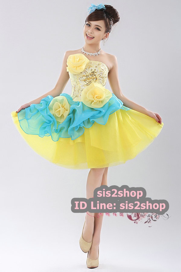 พร้อมเช่า ชุดแฟนซี ชุดราตรีสั้น สีเหลือง ฟ้า แต่งดอกไม้ อกแต่งเลื่อม