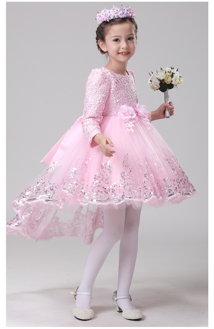 Pre-order ชุดราตรีเด็ก หน้าสั้นหลังยาว แขนยาว กระโปรงตาข่าย แต่งดอกไม้ช่วงเอว ปักเลื่อมที่ชายกระโปรง แต่งโบว์ด้านหลัง สวยน่ารัก