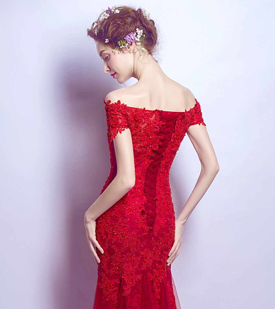 Pre-order ชุดแฟนซี ชุดเจ้าสาว ชุดราตรี สีไวน์แดง ปาดไหล่ ผ้าลูกไม้ เชือกผูกหลัง