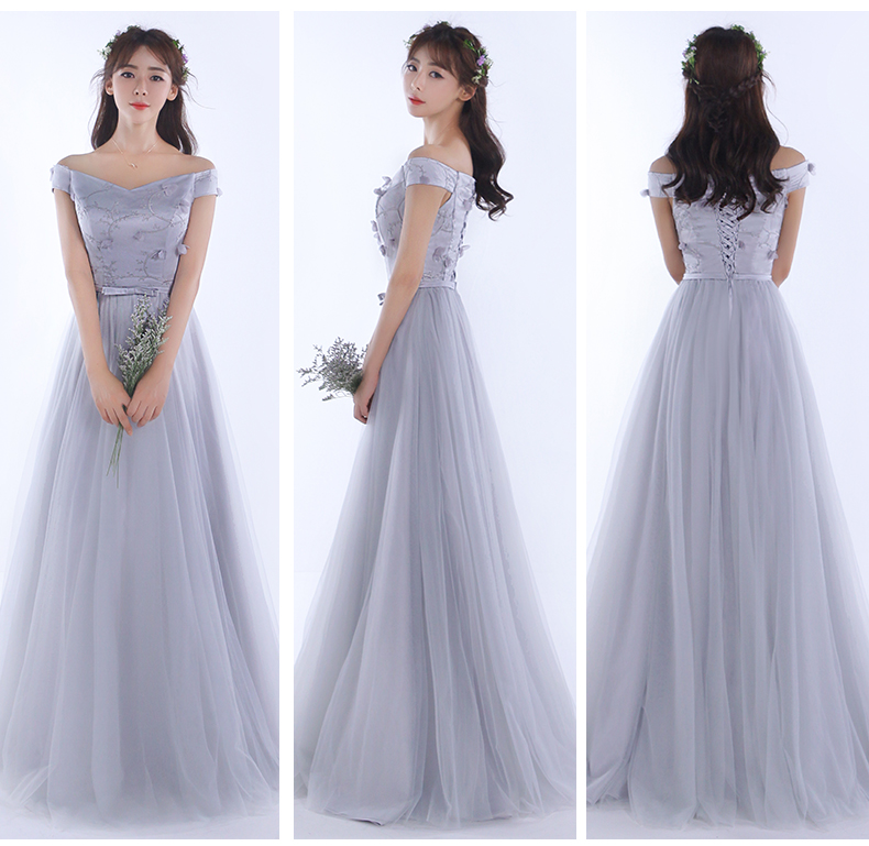 Pre-order ชุดเพื่อนเจ้าสาว สีเทา กระโปรงตาข่าย เชือกผูกหลัง