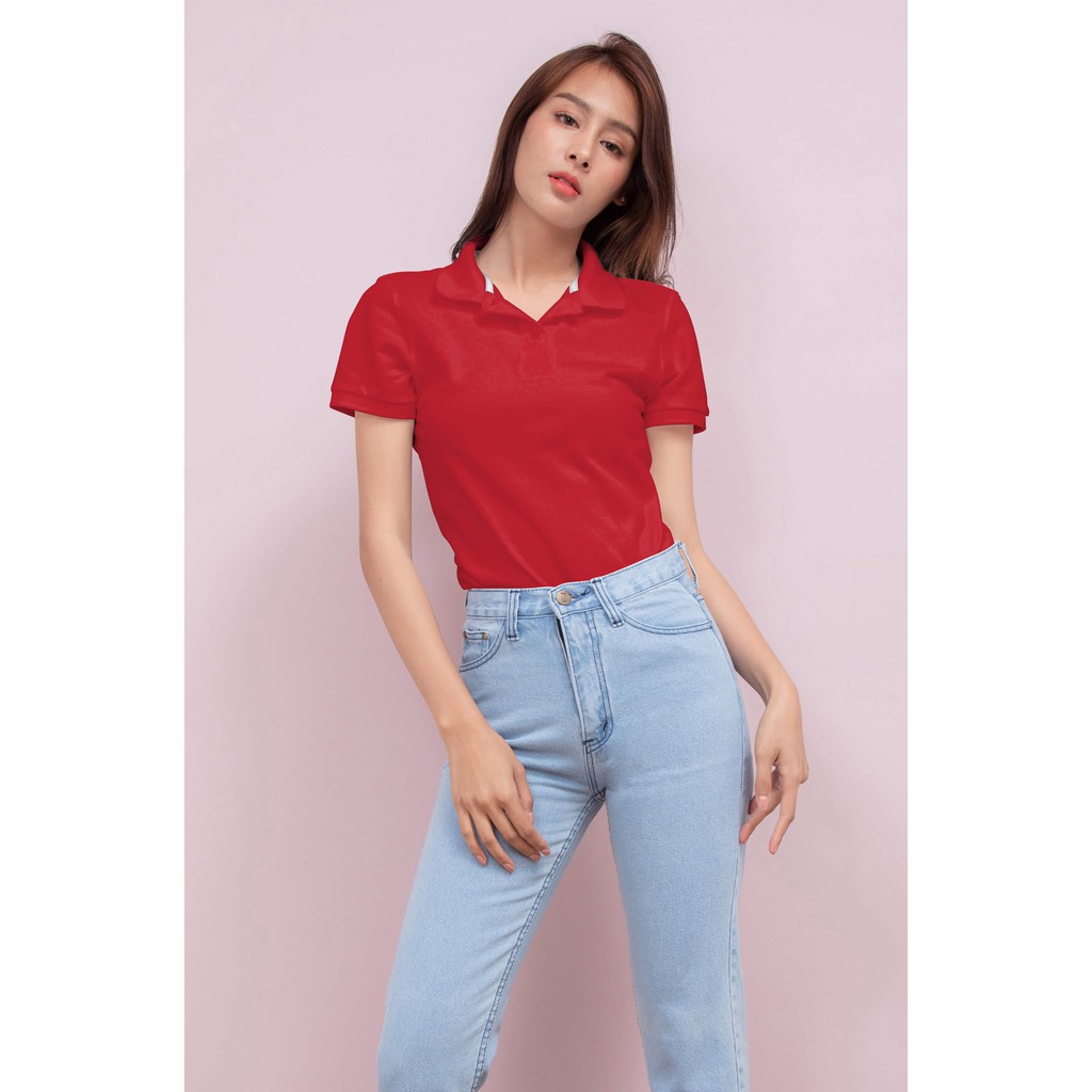 No Problem Noproblem ยอดขาย No.1 รับประกัน ไม่ย้วย ไม่ยืด ผ้านุ่ม เสื้อโปโล หญิง สีแดงโกเมน