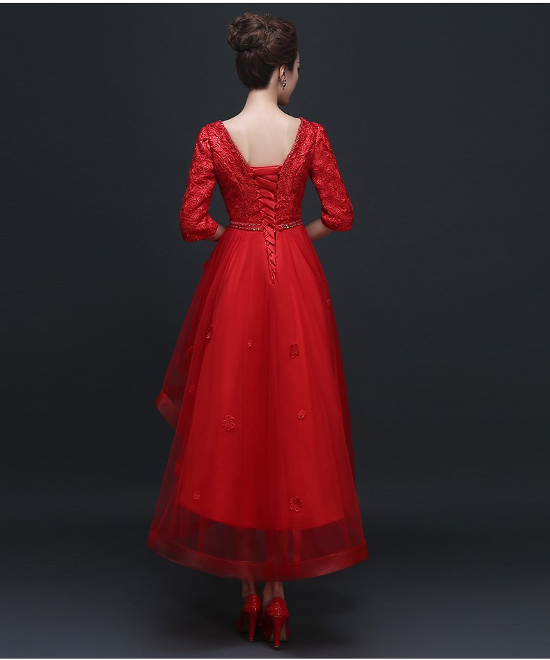 Pre-order ชุดราตรีสั้น สีแดง แต่งลูกไม้ทีอก เพิ่มโบว์ช่วงเอว กระโปรงหน้าสั้นหลังยาว ผ้าตาข่าย ตกแต่งด้วยดอกไม้สามมิติ เชือกผูกหลัง