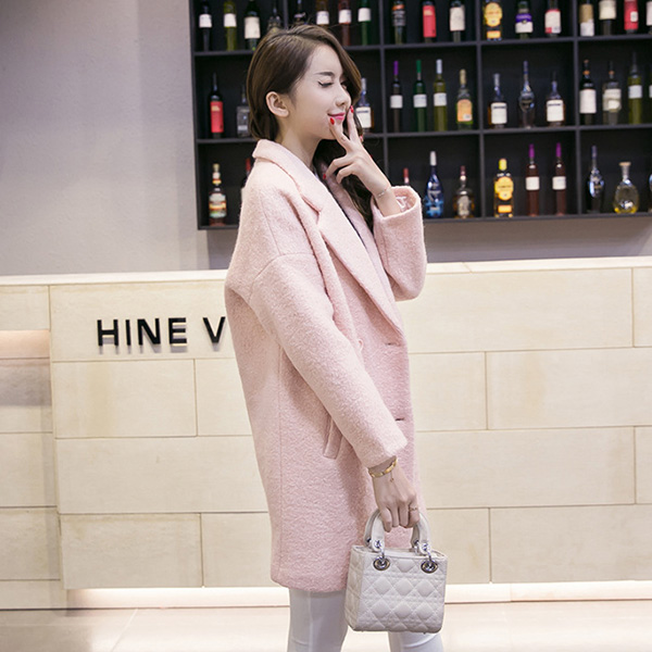 เสื้อโค้ทกันหนาวตัวยาว ผ้าวูลขนแกะ แต่งกระเป๋าคู่ (12188X)