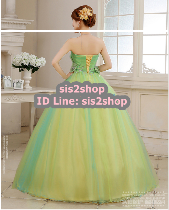 พร้อมเช่า ชุดแฟนซี ชุดราตรียาว สีเขียว เกาะอก Sweet Heart แต่งดอกไม้ ช่วงเอว กระโปรงพองสวย สไตล์เจ้าหญิง เชือกผูกหลัง