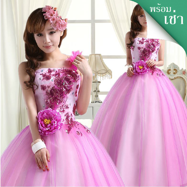 พร้อมเช่า ชุดแฟนซี ชุดราตรี สีชมพู กลีบบัว แต่งดอก Peony
