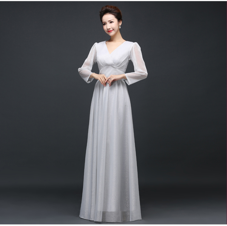 Pro-order ชุดราตรียาว แขนยาว คอวีลึก ผ้าไหมชีฟอง แบบเก๋ ซิปหลัง ไซส์ใหญ่ XS-4XL