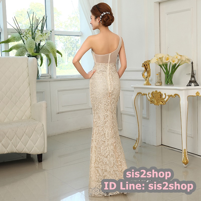พร้อมส่ง ชุดราตรียาว เกาะอก ไหล่เดียว สีครีม Champagne ลูกไม้ทั้งตัวเข้ารูป แต่งคริสตัล ด้านหลังเป็นซีทรู