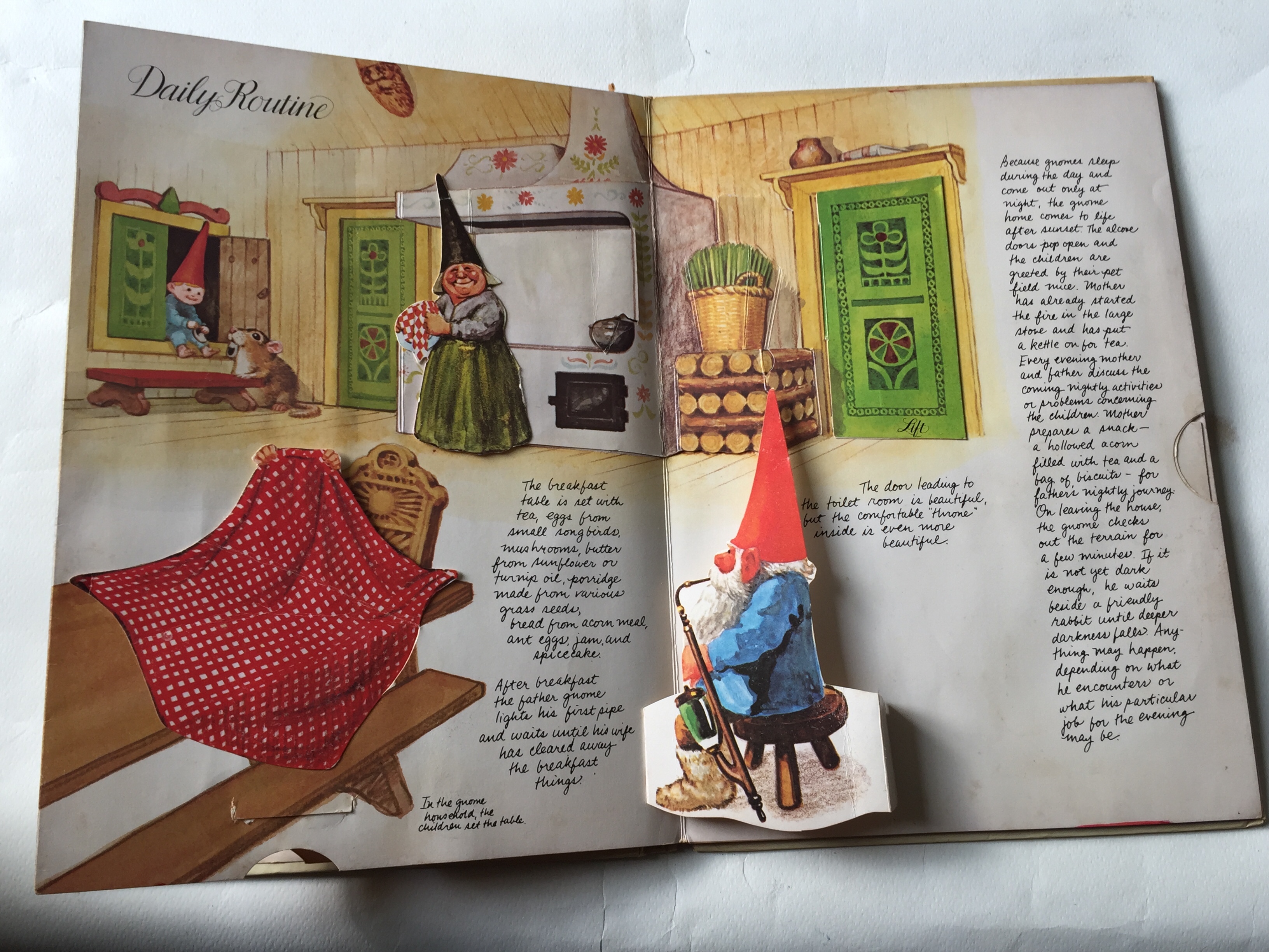 หนังสือภาพเก่าปกแข็ง ฉบับภาษาอังกฤษ pop up Book of Gnomes ** มีตำหนิ โปรดตรวจสอบทุกภาพ,Art Director: Chuck Murphy Designer : John stresan Paper Engineer : Tor Lokvig Handwriting: Diane Kosowski @1979 Harry N.Abrams,Ine. Adapted from GNOMES by Rien Poortvl