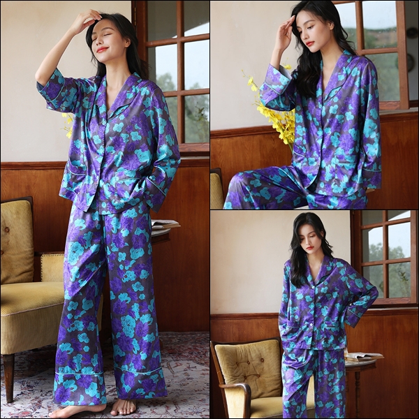 🚩พร้อมส่ง🚩ชุดนอนขายาว Silk Satin ไหมซาตินพรีเมี่ยม พิมพ์ลายดอกสไตล์วินเทจสีสด ผ้านุ่มลื่นละมุนผิว (ST122)