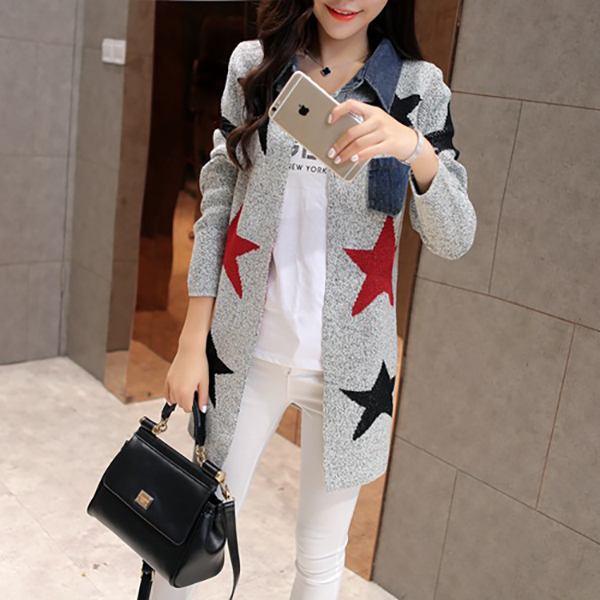 คาร์ดิแกนด์ไหมพรม คอปกยีนส์ แต่งถักลายดาว (12284JU)